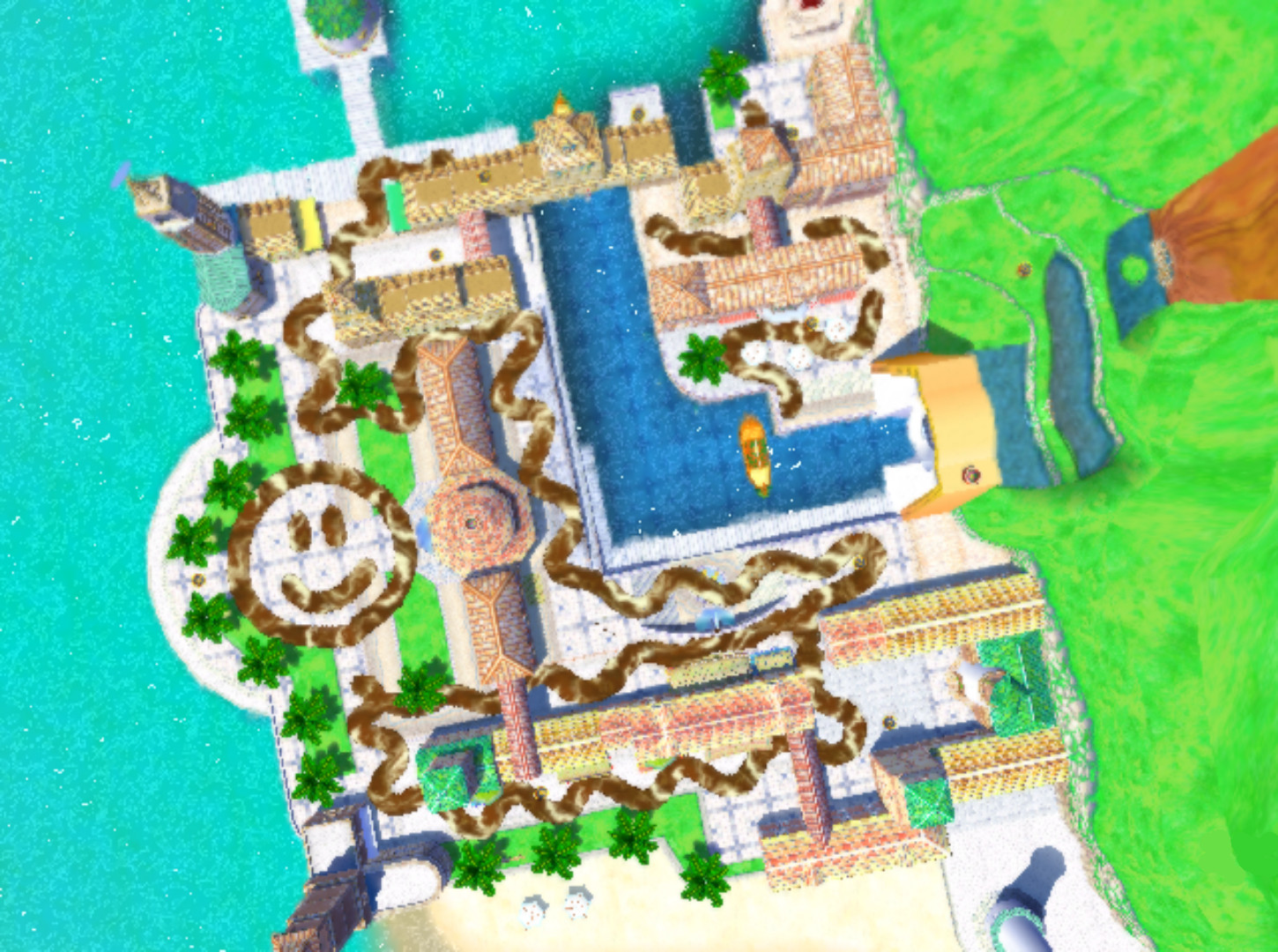 Aerial view of drawings painted across Delfino Plaza