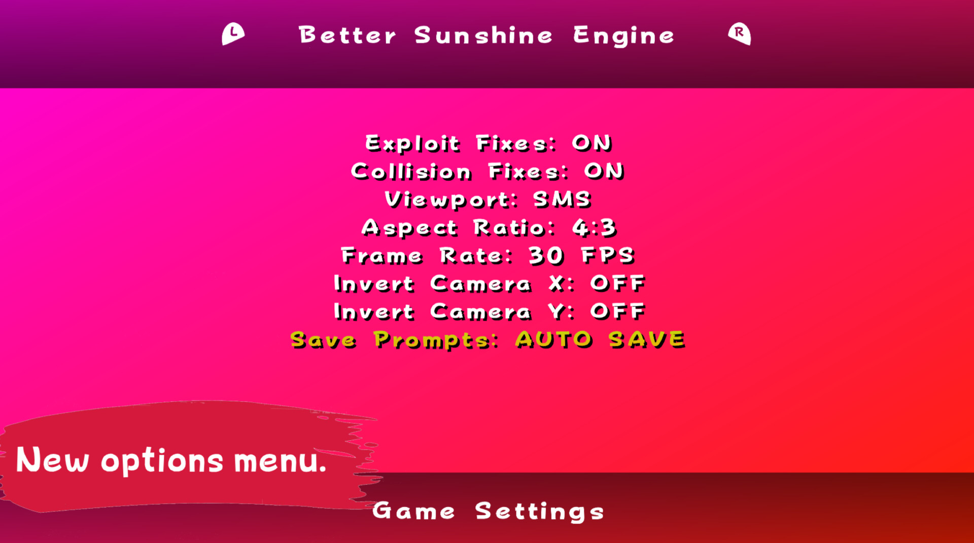 Super Mario Sunburn's in-game options menu