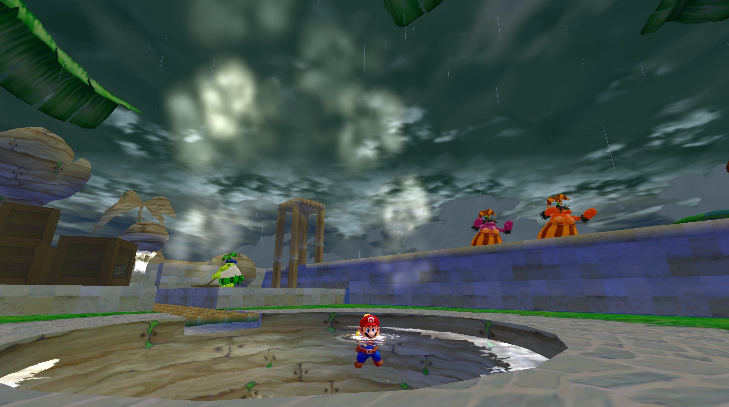 Mario standing in the rain beneath heavy storm clouds