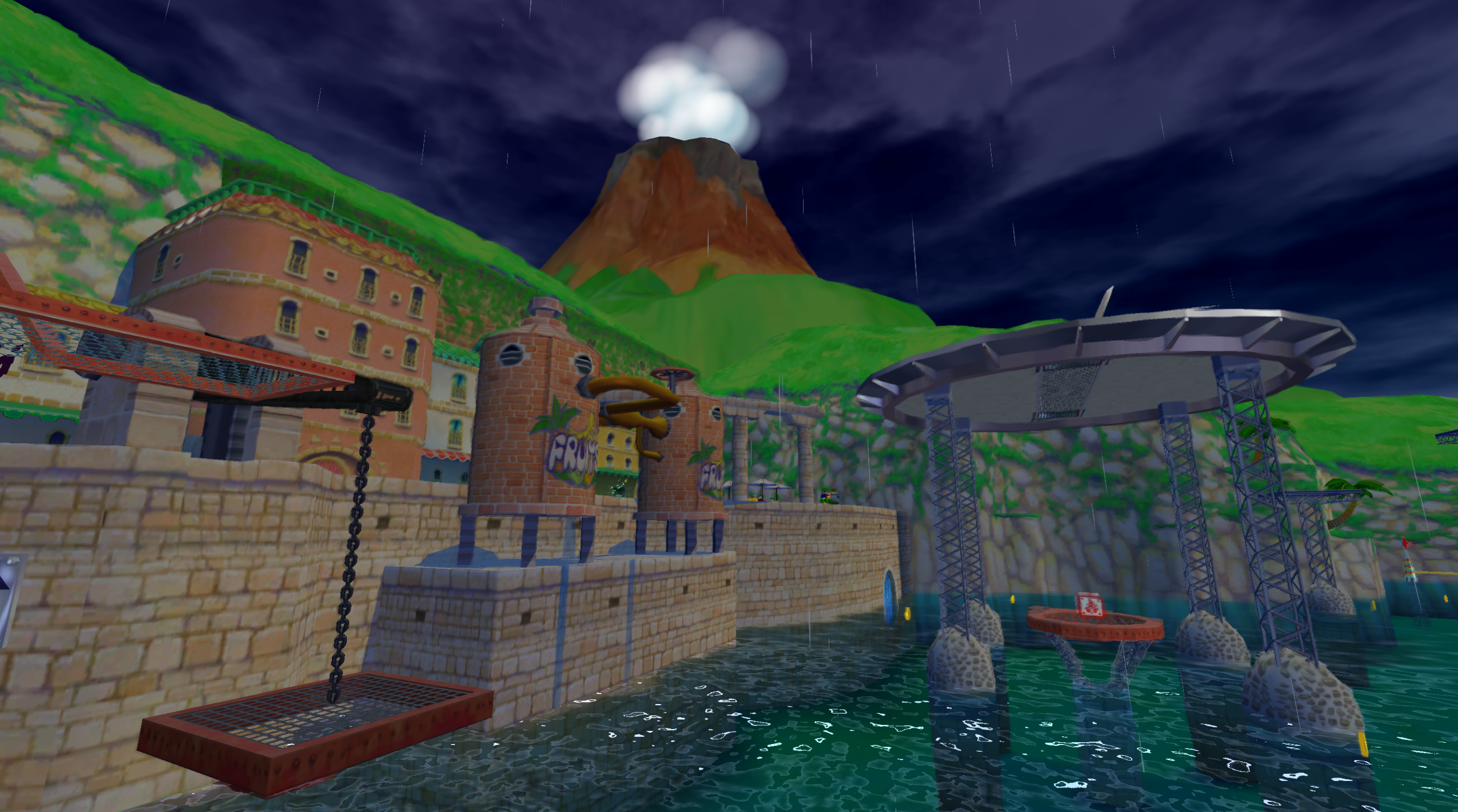 A rain-soaked harbor beneath a dark blue sky