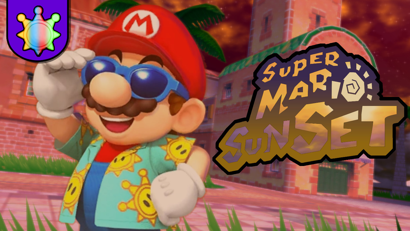 Mario in sunglasses beside the Super Mario Sunset logo in Delfino Plaza