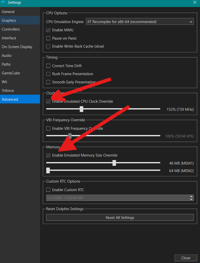 Dolphin settings for the emulated clock and memory overrides
