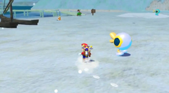 Mario running across a snowy beach beside a winter enemy