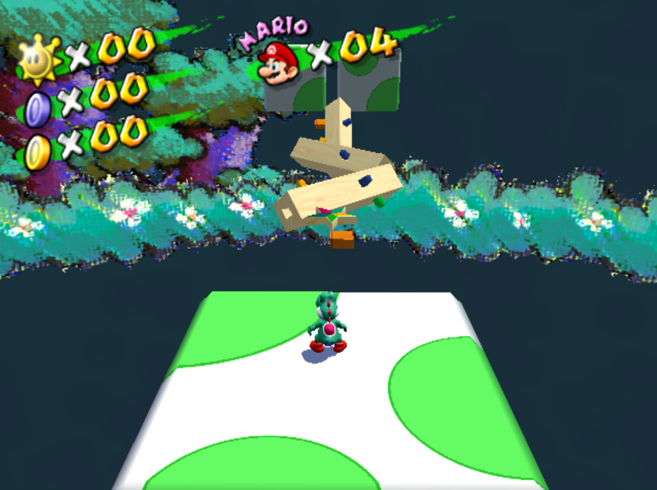 Yoshi crossing a dreamlike wooden platform course